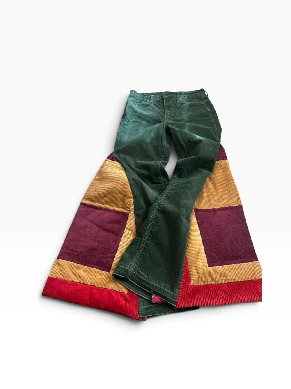 Vintage Green Patchwork Corduroy Wide Leg Flare Jeans - Multicolor 31” x 29.5”